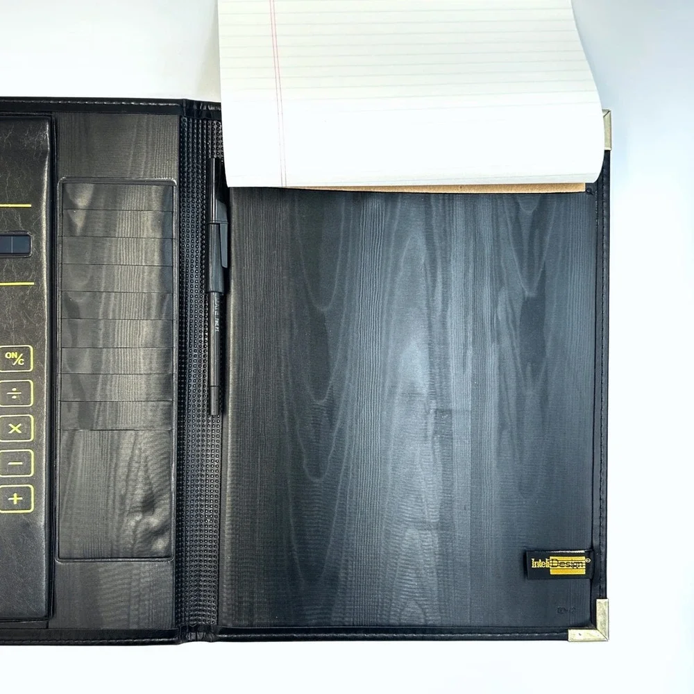 Vintage InteliDesign Portfolio Faux Leather Solar Calculator Padfolio 90s Black